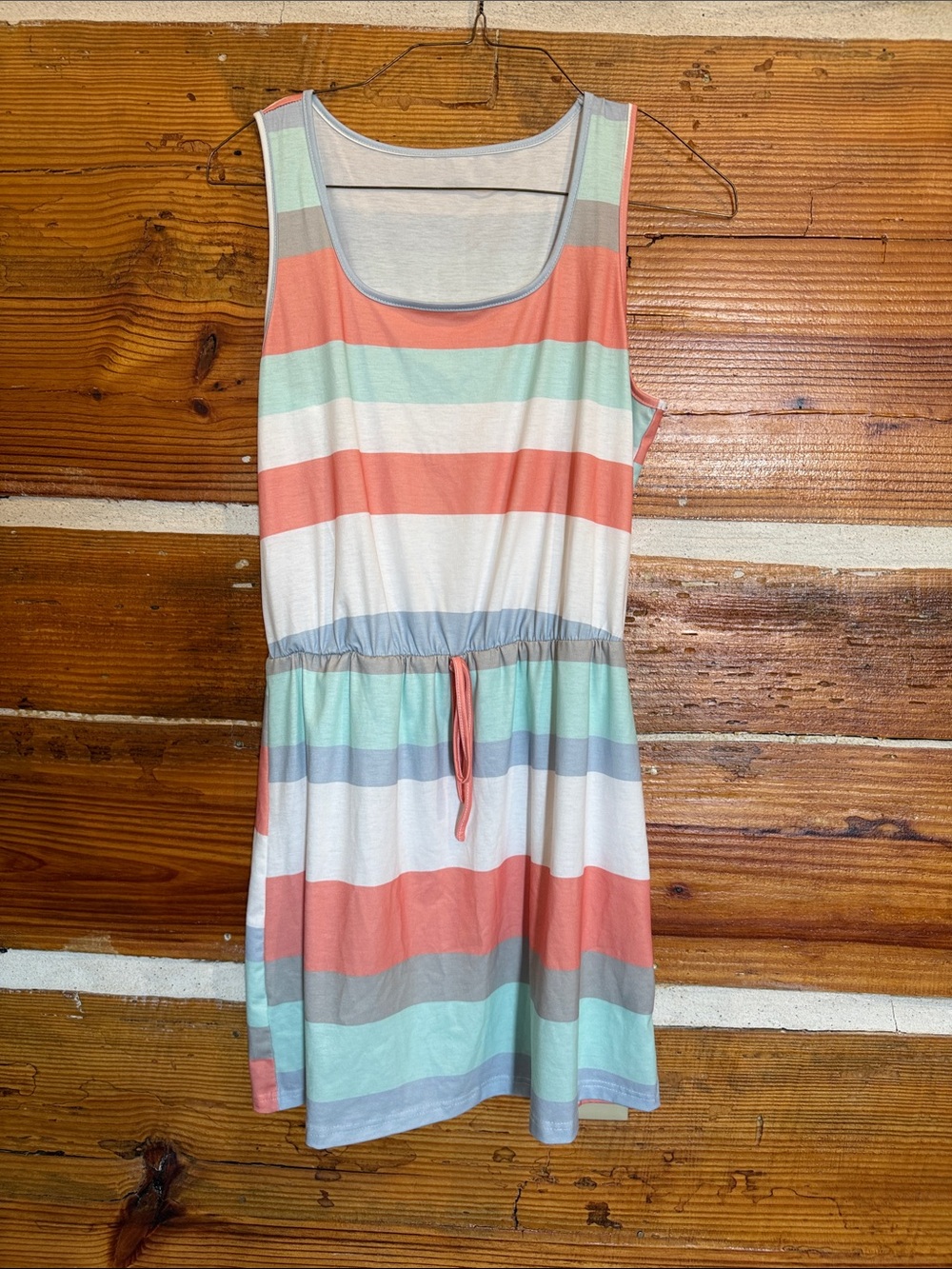 Striped Drawstring Tank Dress - Coral, Mint & Gray
